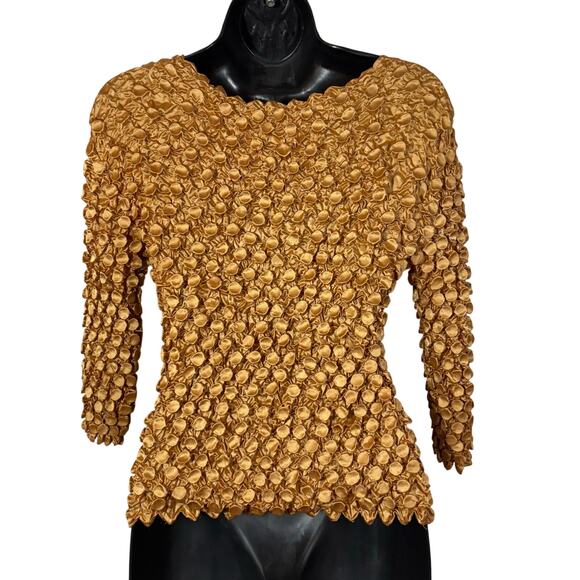 Popcorn Top Gold Tan Bubble Crinkle Super Stretchy Shirt Short Sleeve 90s Y2K - Picture 8 of 10
